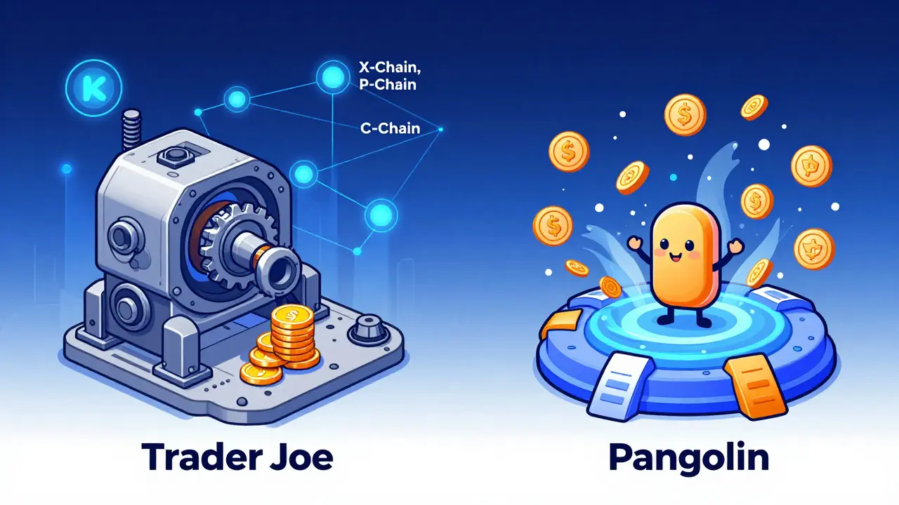 Diagram comparing Trader Joe and Pangolin DEXs on Avalanche with efficient gear mechanisms.