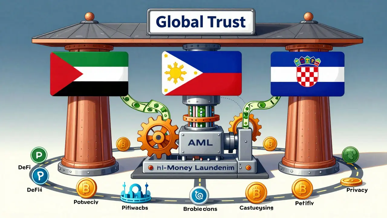 Diagram showing strengthened financial pillars and AML filtering systems
