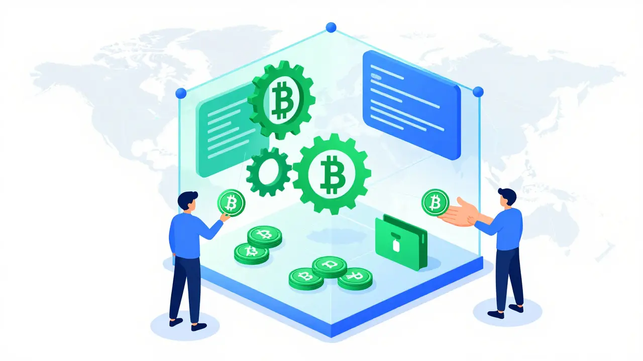 Diagram-style cartoon showing smart contracts sending crypto directly from fans to creators.