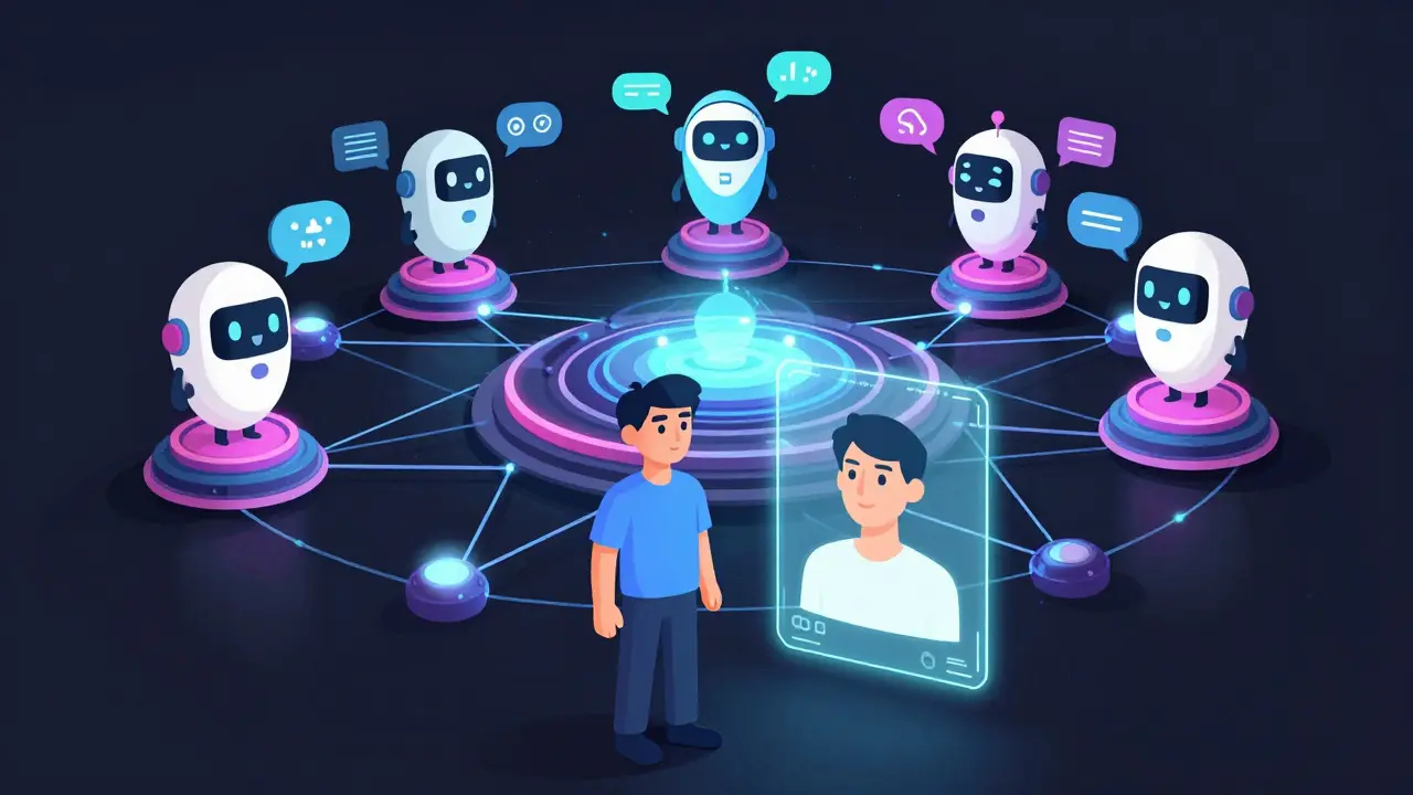 Graphic depicting 3D avatar scanning and AI agents in metaverse infrastructure