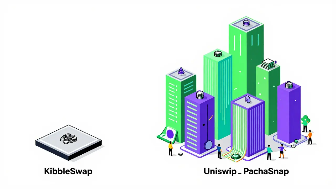 Illustration comparing low liquidity of KibbleSwap vs major DEXs