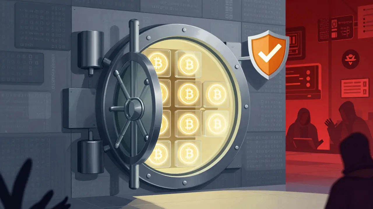 Illustration of a secure digital vault storing cryptocurrency offline safely