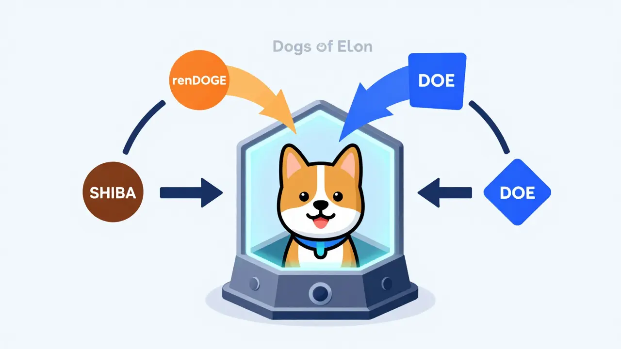Illustration of Dogs Of Elon NFT staking rewards for multiple tokens