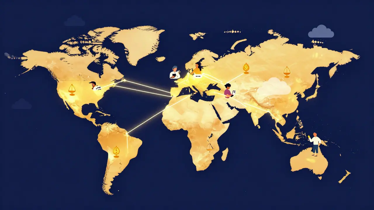 Illustration of global creators using smartphones to access blockchain payments worldwide.