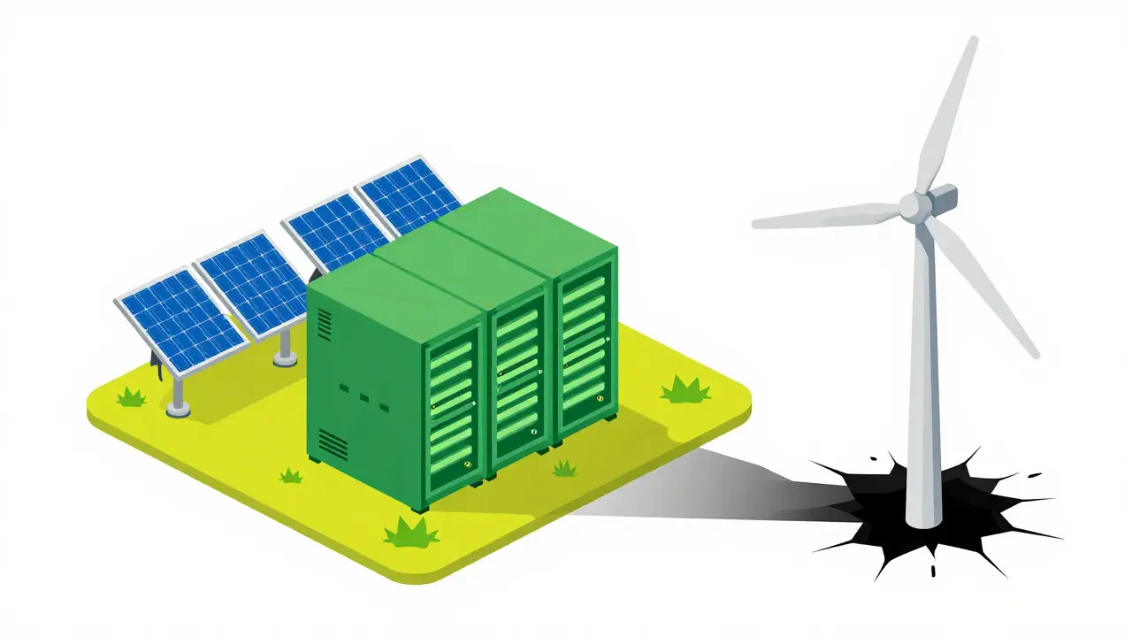 Illustration of green energy mining infrastructure with subtle signs of instability.