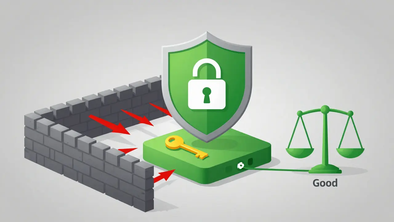 Illustration of layered security defenses including firewalls and encryption protecting a node