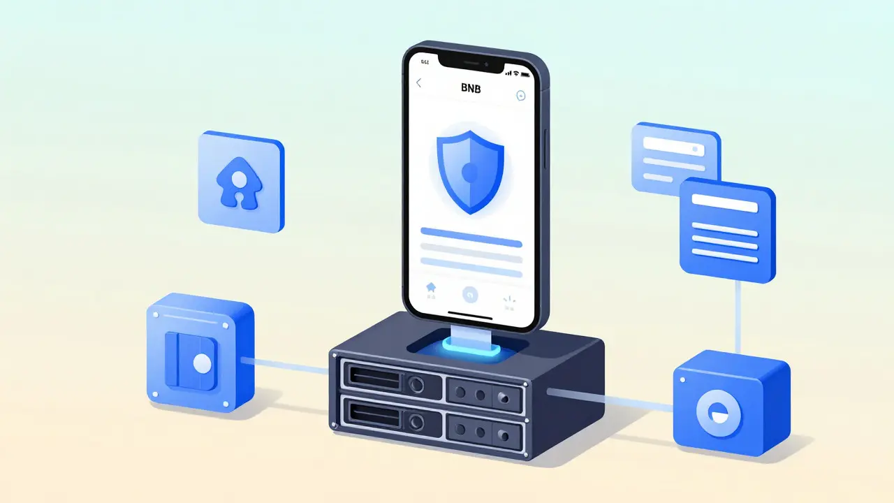 Illustration of mobile wallet connecting to blockchain servers and secure storage