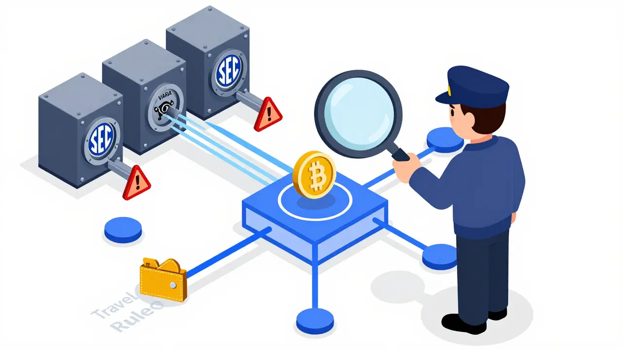 Illustration of regulators scanning crypto networks for AML compliance