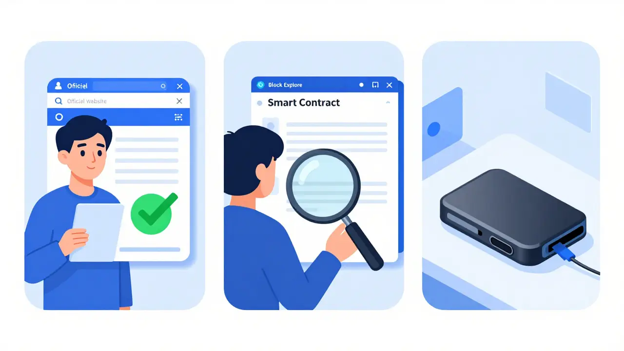 Illustration of safe crypto practices including URL verification and hardware wallet usage