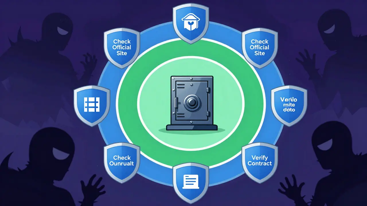 Illustration of security shields protecting a crypto wallet from scams