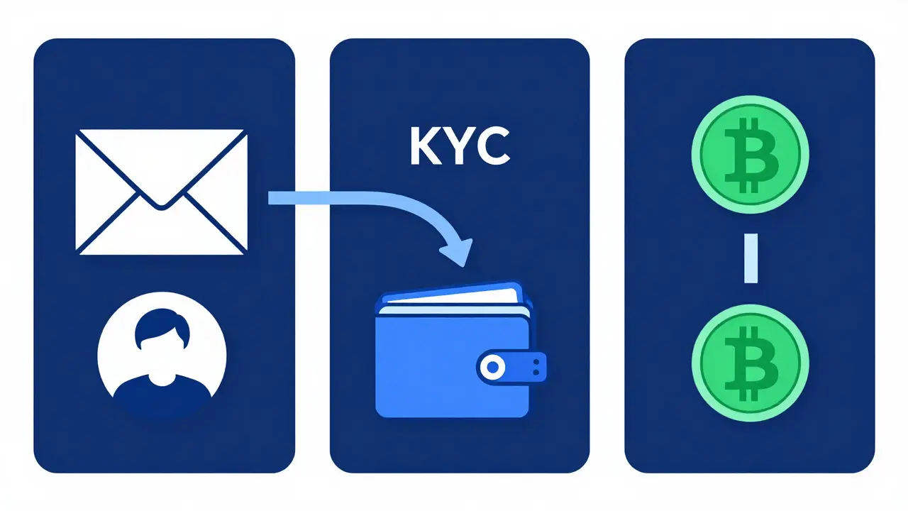 Illustration of simple three-step onboarding process for buying HNS without ID verification.