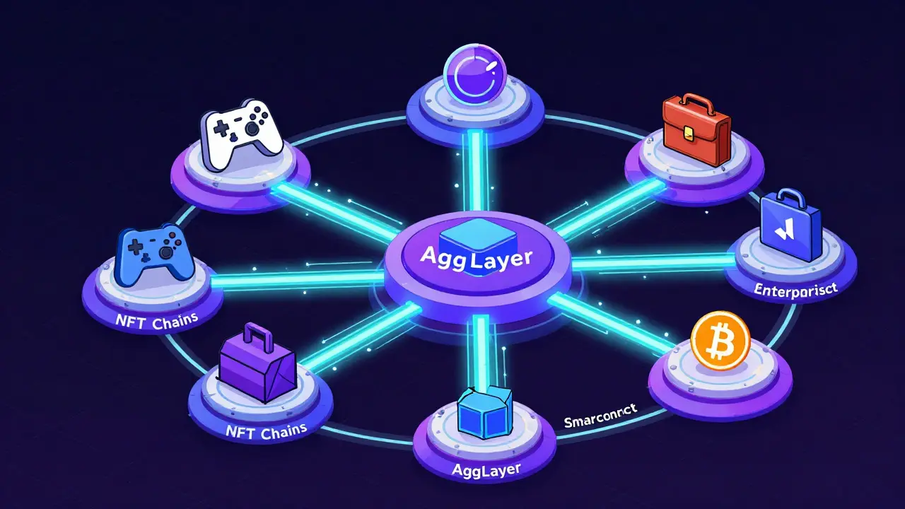 Illustration of specialized blockchain modules connecting via a central hub for shared security and interoperability.