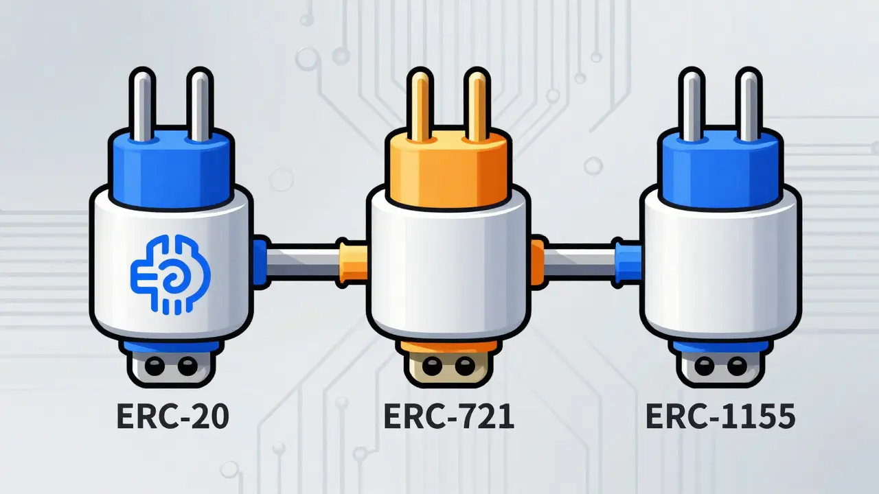 Illustration of standardized ERC token plugs fitting into universal sockets, showing interoperability.
