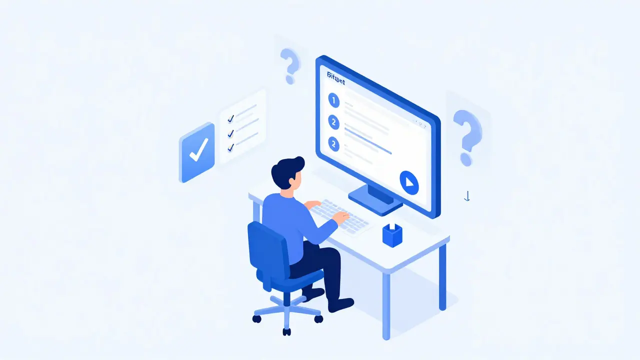 Isometric illustration of user completing online crypto quiz