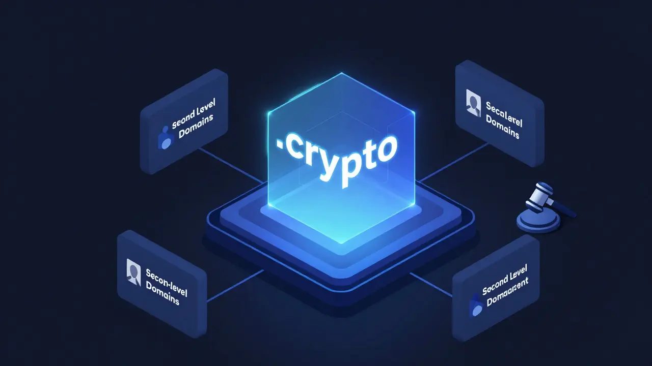 Isometric view of a dashboard managing decentralized domains and auctions on Namebase.