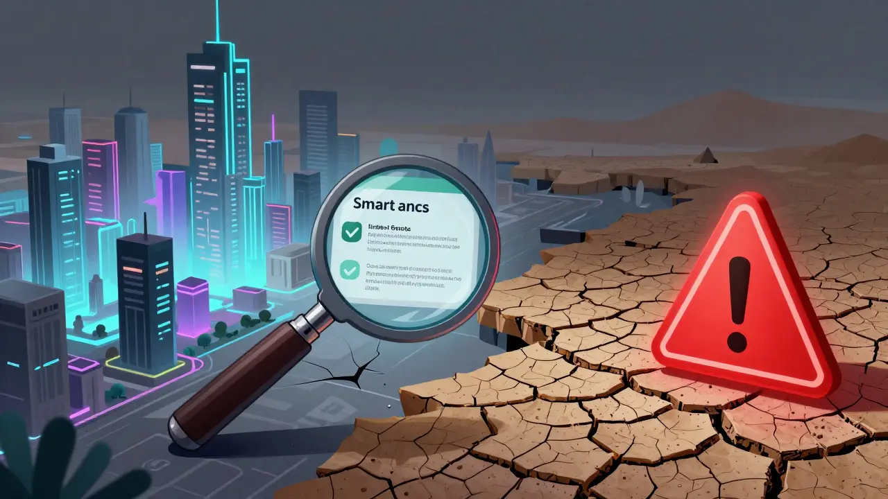 Magnifying glass verifying NFT contract near faded metaverse ruins and warning signs