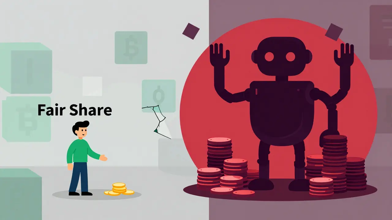 Robot hoarding tokens while human gets few, illustrating crypto fraud