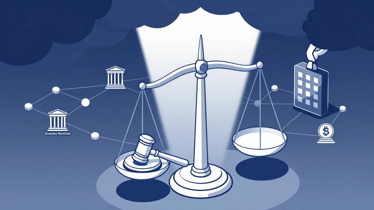Scale of justice balancing law and regulation, with light breaking through clouds, symbolizing the court victory.