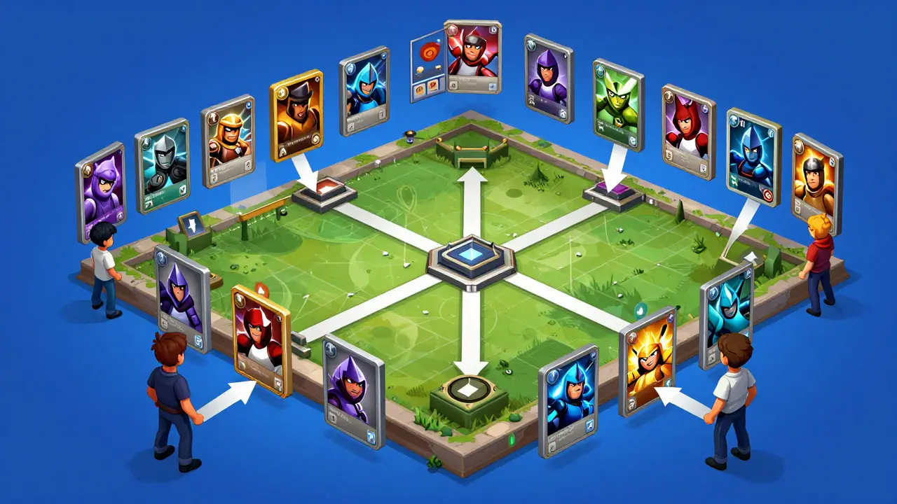 Schematic cartoon view of Wildcard strategic card game mechanics