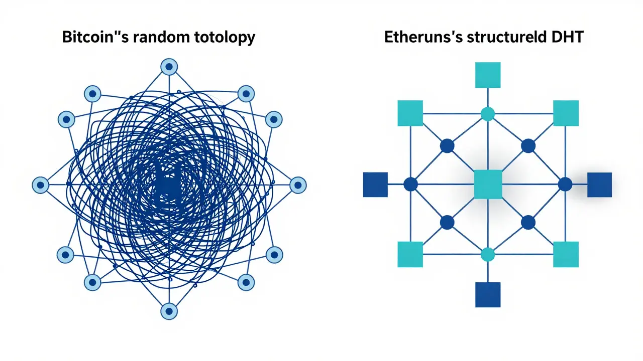 Schematic comparison of random graph versus structured DHT network topologies