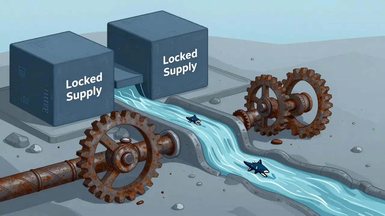 Schematic diagram showing stagnant token liquidity and halted development