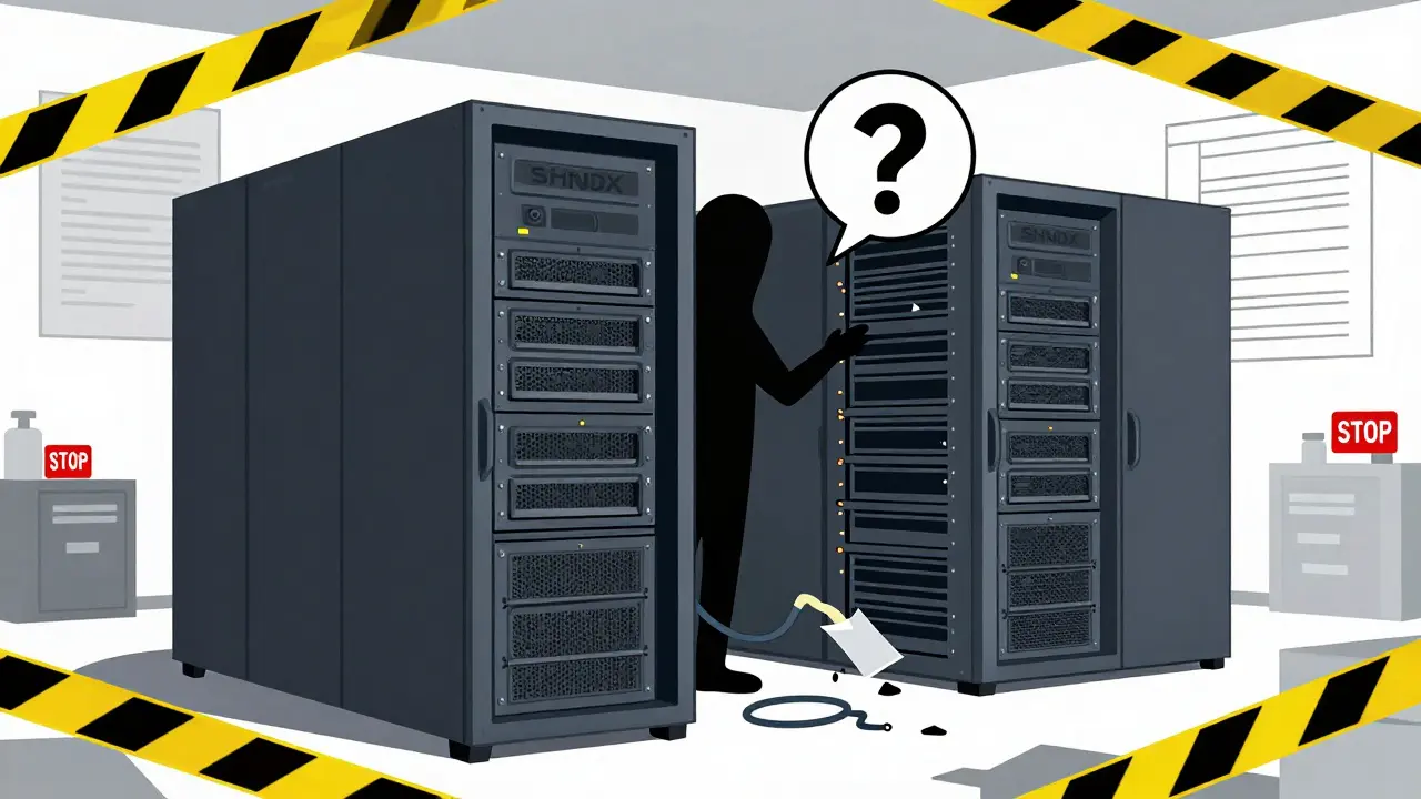Shadowy figure behind broken SHNDX server rack illustration