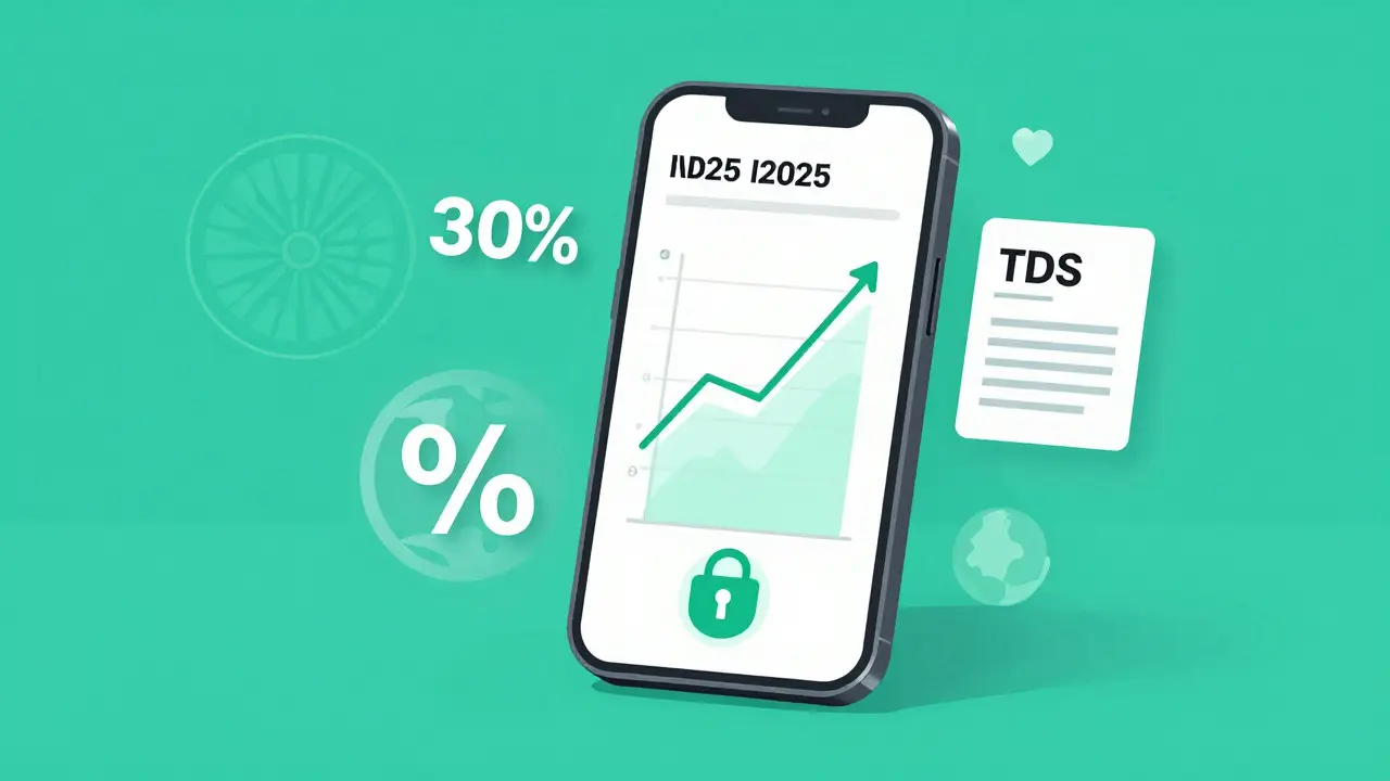 Smartphone showing crypto trading graphs and tax icons, representing the current regulated market status.