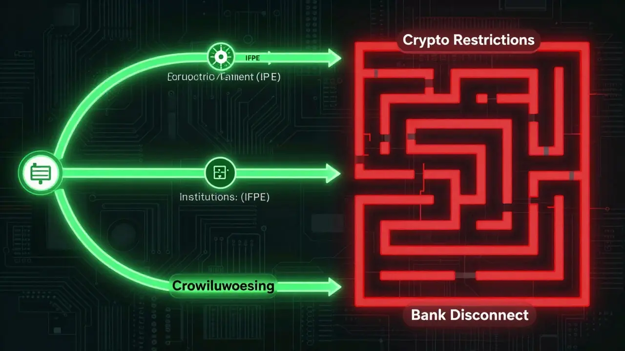 Split diagram showing easy payments vs complex crypto restrictions in Mexico