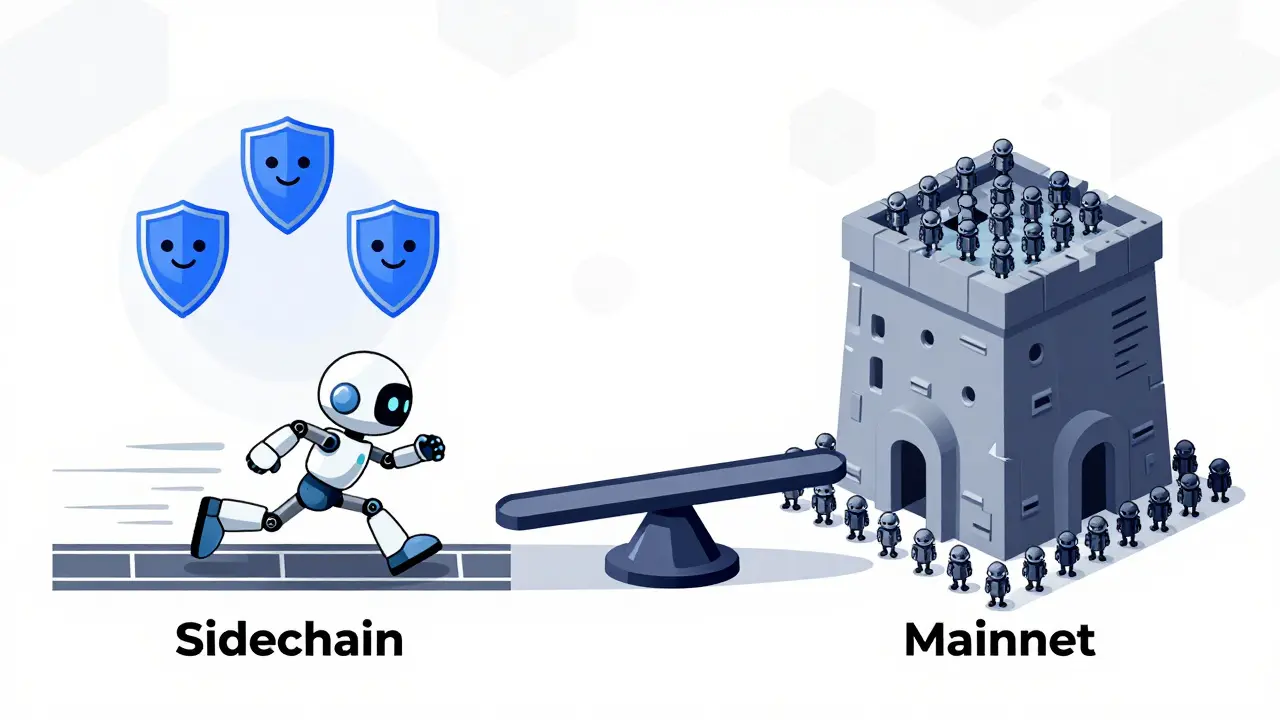 Technical cartoon showing the balance between sidechain speed with few validators and mainnet security with many.