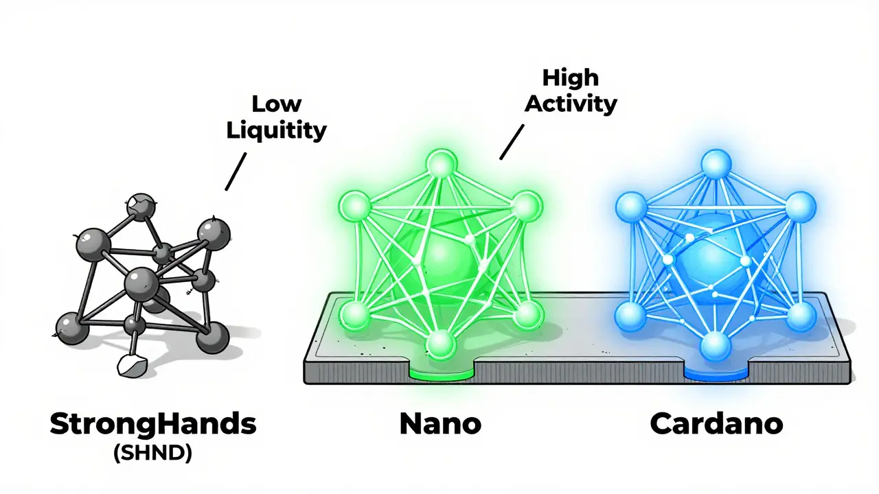 Technical diagram comparing weak SHND network to strong alternatives