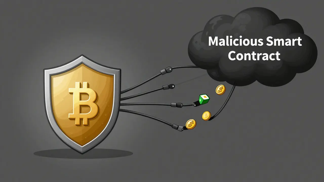 Technical diagram showing a crypto wallet being drained by a malicious smart contract