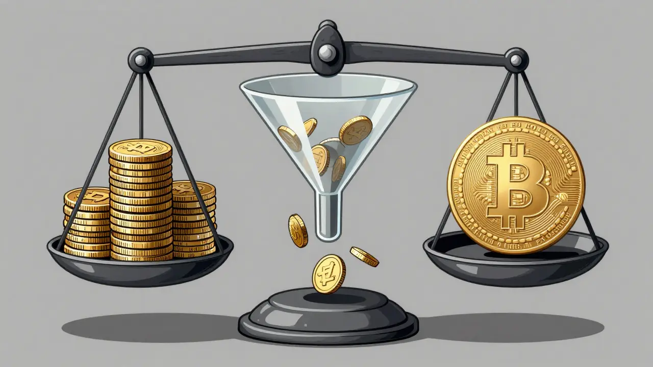 Technical drawing showing a balance scale illustrating hidden crypto fee spreads
