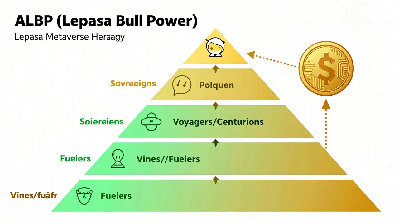 Tiered diagram showing ALBP power levels and utility for Lepasa metaverse avatars