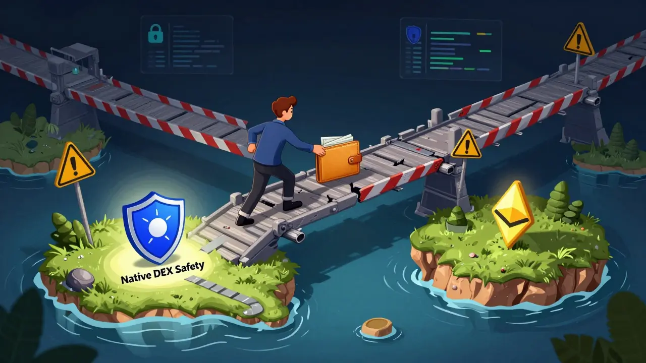 Visual warning about cross-chain bridge risks versus safe native trading on Avalanche.