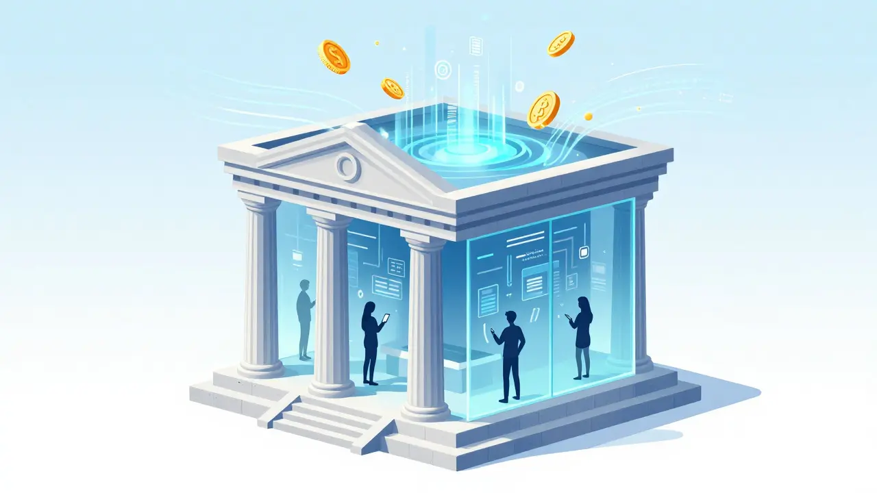 A bank building merging with a glowing blockchain network
