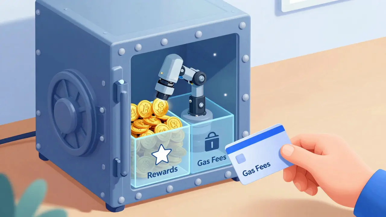 Cartoon diagram of a digital vault sorting tokens into rewards and fees