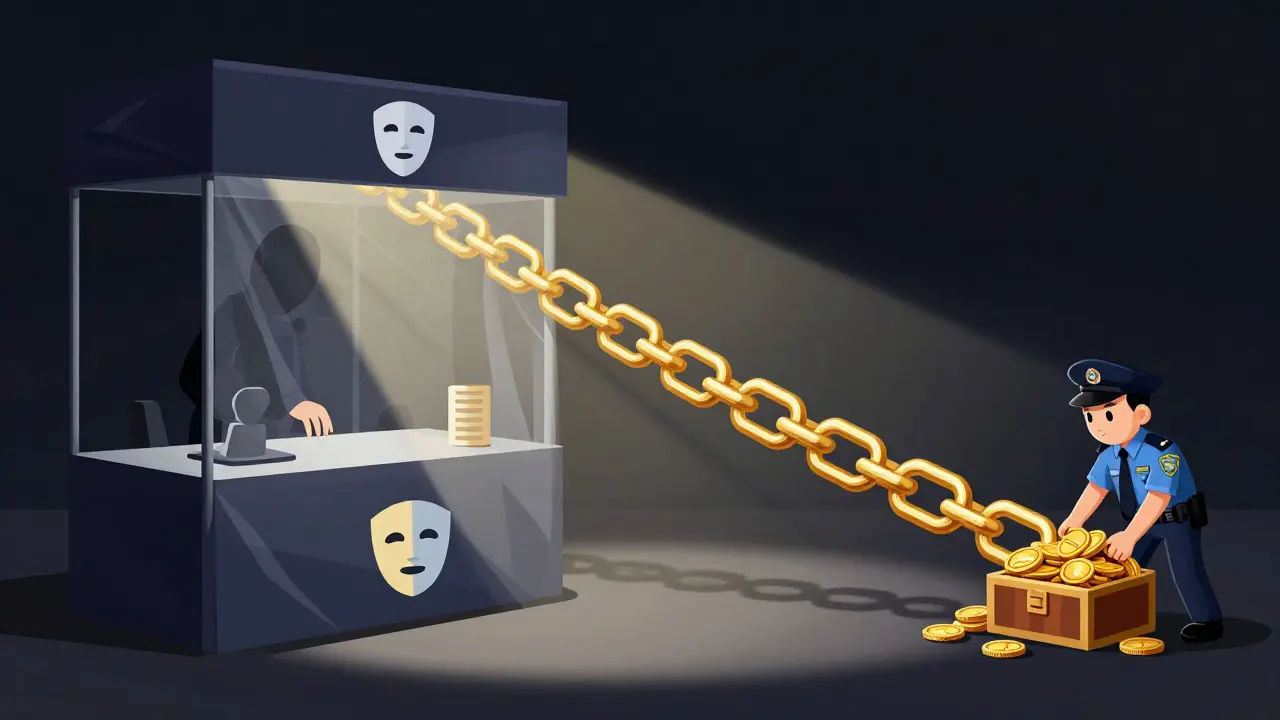 Cartoon showing an unbreakable chain of transactions exposing a hidden darknet actor
