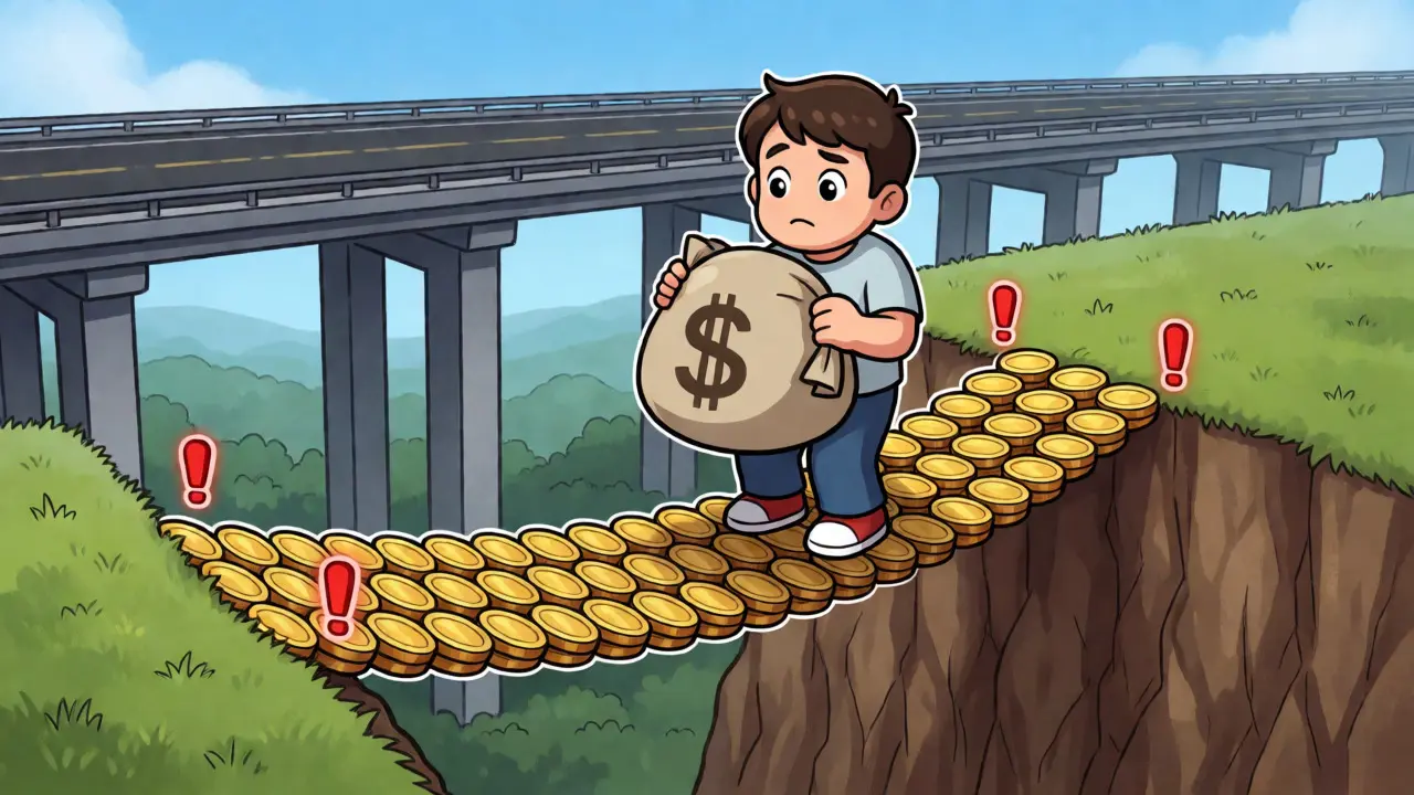 Cartoon showing slippage risk on thin liquidity bridge