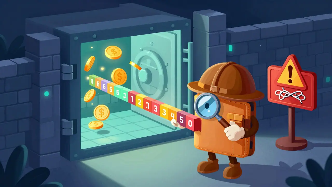 Cartoon wallet character verifying contract details before accessing a secure digital vault