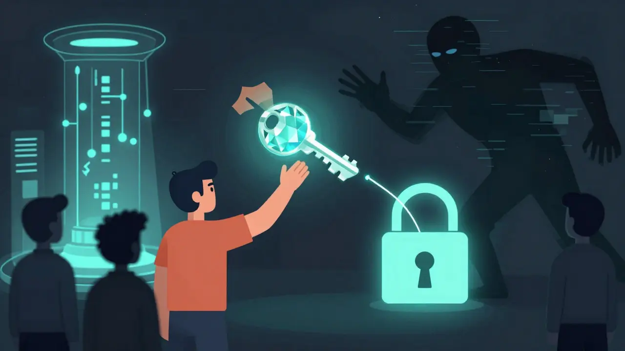 Character holding a private key while a shadowy figure attempts theft