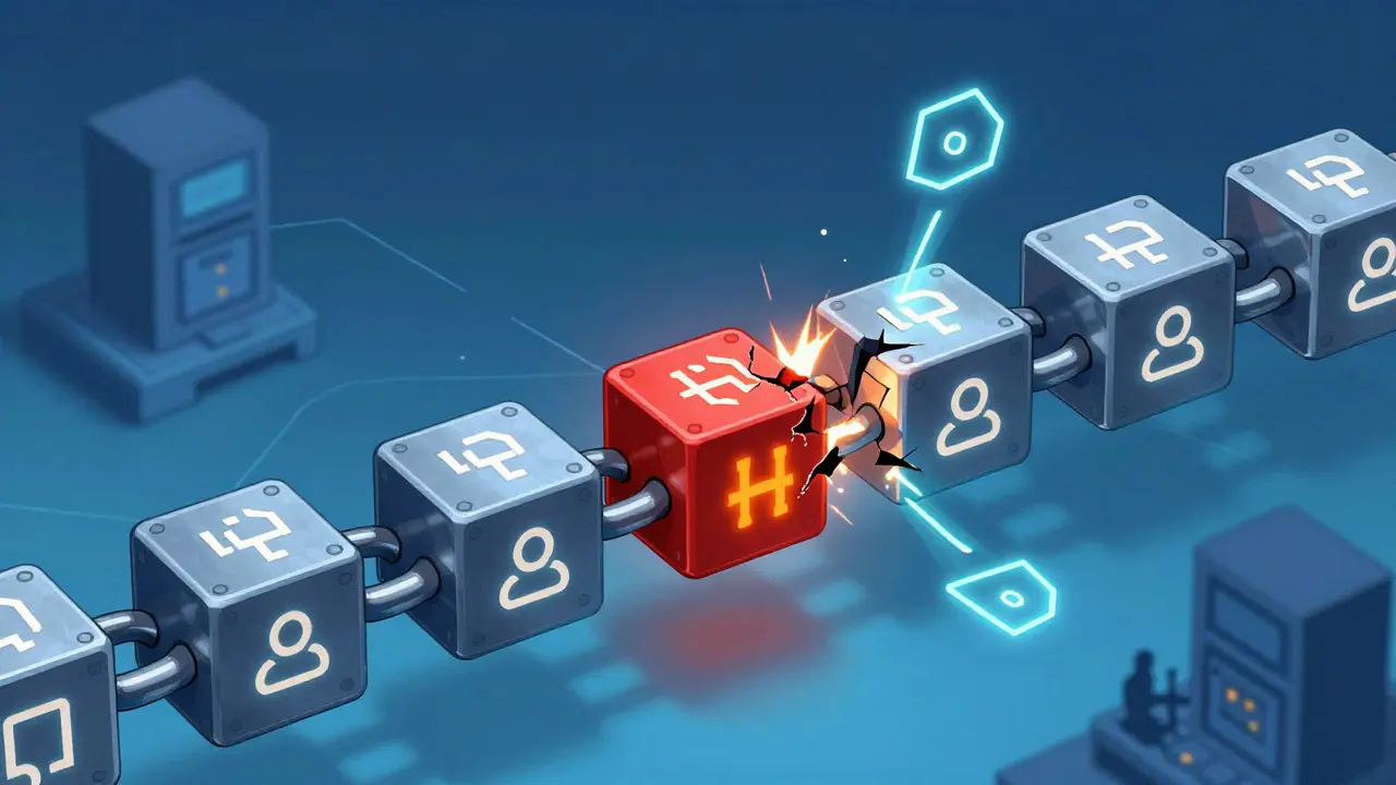 Diagram showing a broken blockchain link when a block's hash changes