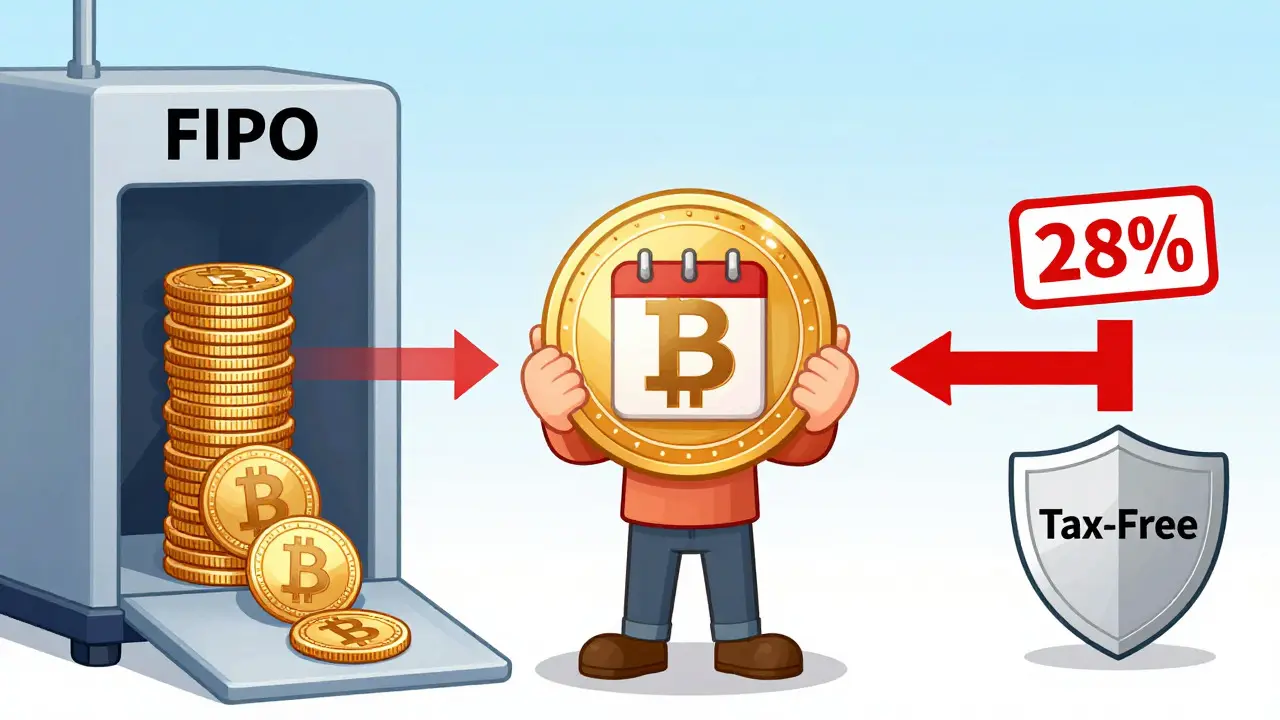 Diagram showing crypto holding periods, FIFO method, and tax-free thresholds.