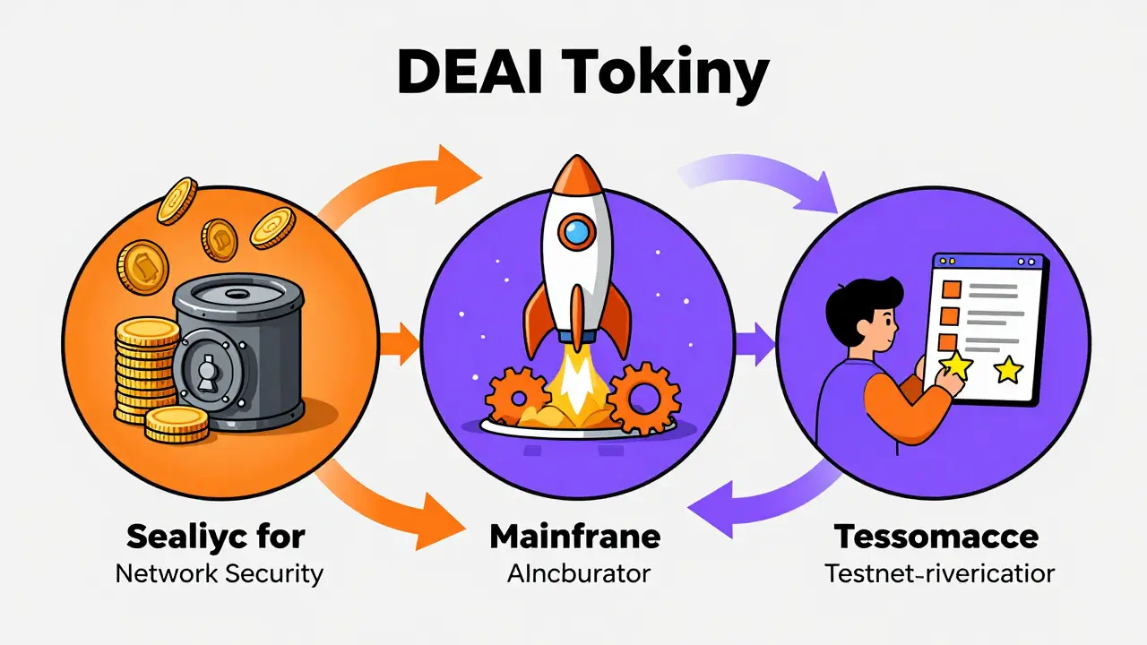 Diagram showing DEAI token uses for staking, incubation, and community rewards