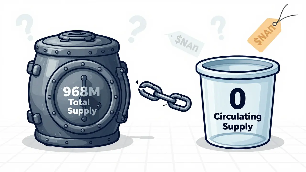 Diagram showing zero circulating supply and NaN price for WIN token