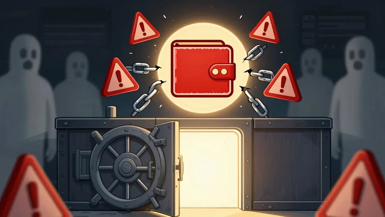 Graphic illustrating crypto security risks and safe wallet practices