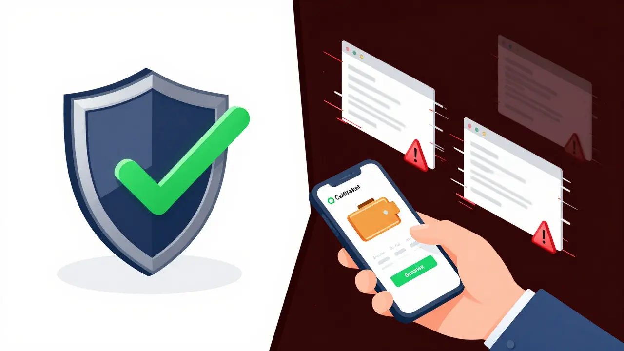 Illustration comparing official CMC shield vs fake scam popups