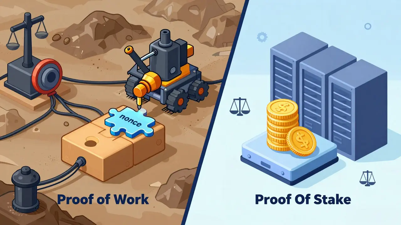 Illustration comparing Proof of Work mining hardware with Proof of Stake servers.
