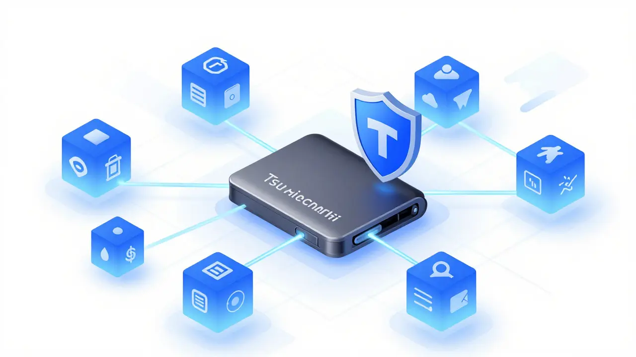 Illustration of a secure hardware wallet connecting directly to multiple blockchain networks for self-custody.
