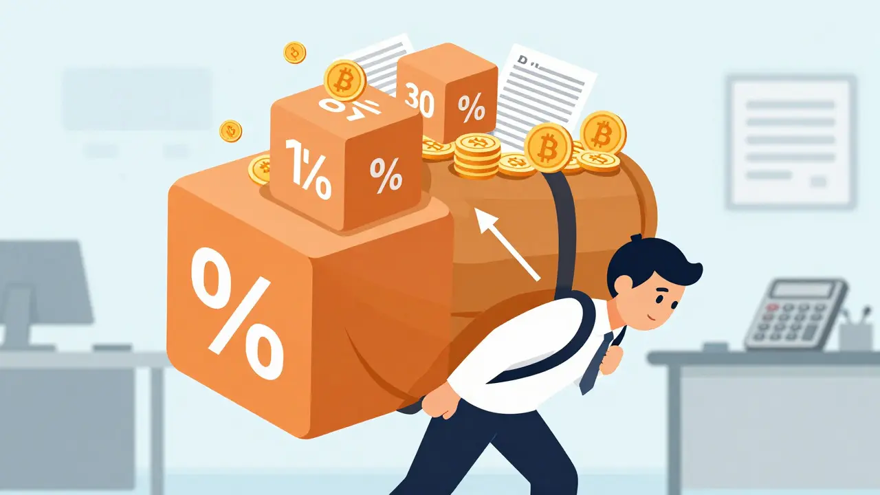 Illustration of a trader carrying a heavy backpack of tax burdens and percentages
