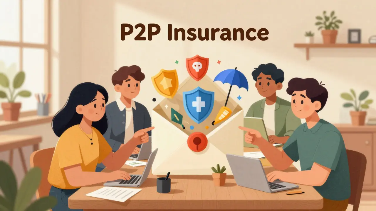 Illustration of freelancers sharing benefits from a peer-to-peer insurance pool